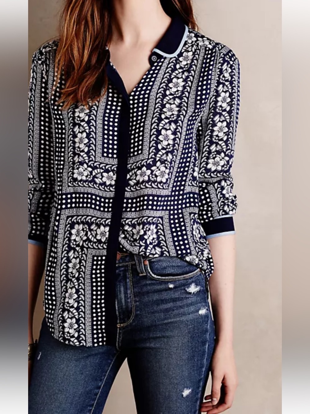 Maeve Arthouse  Navy and White Patchwork Print Button-Front Tunic